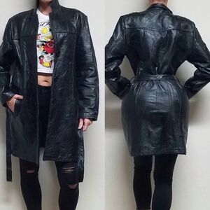 80s Vintage LeWorld Black Leather Patchwork Tie-Waist Button Up Trench Coat XL